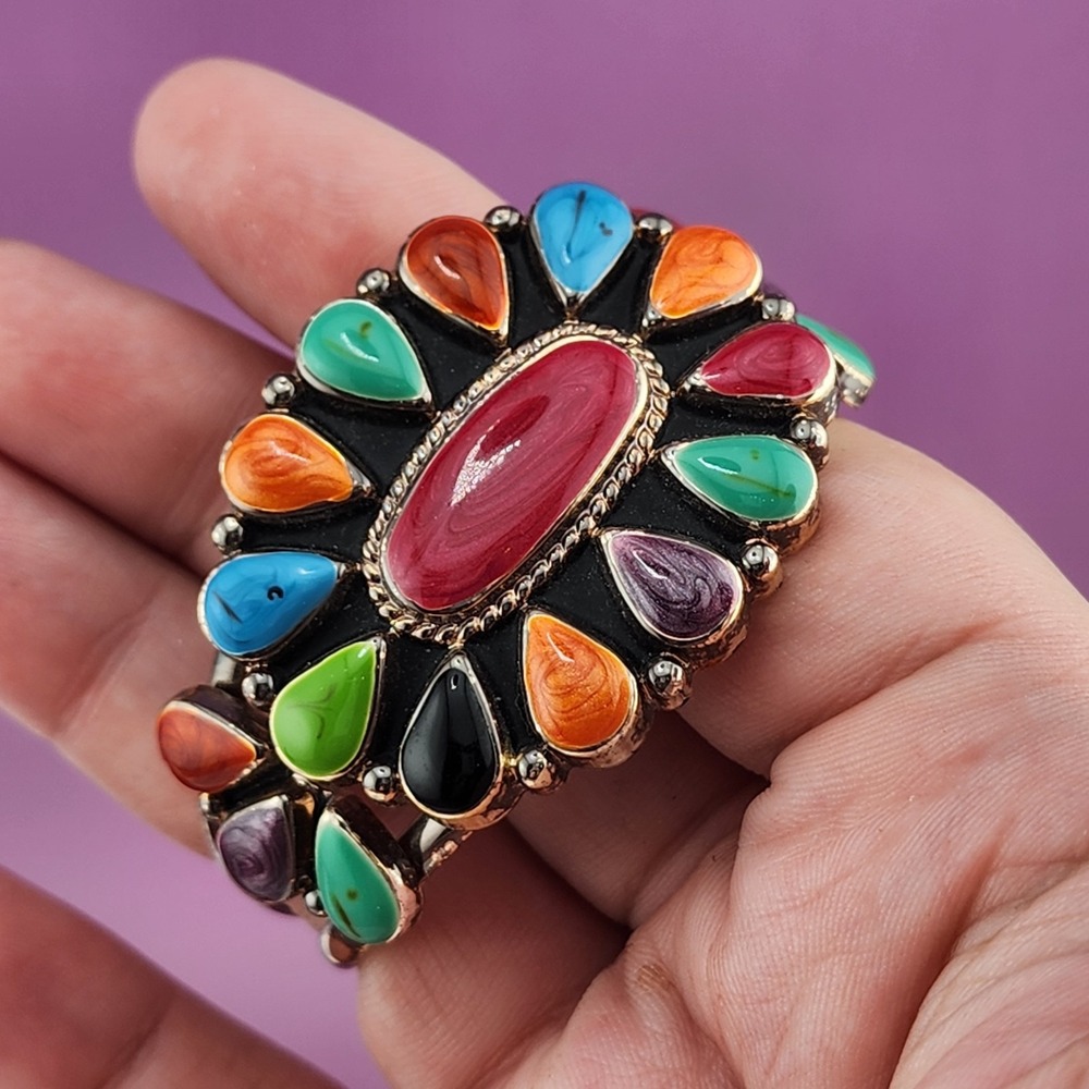 Singed Multicolor Stone Teardrop Cabochon Cuff Bracelet Southwestern Statement